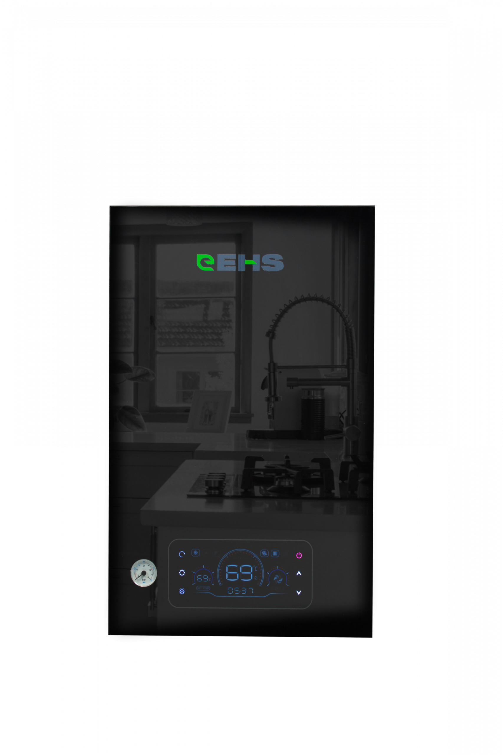 EHS black glass electric combi boiler front view with touchscreen display