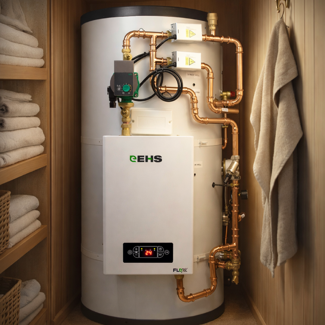 EHS electric boiler and pre-plumbed cylinder installed in airing cupboard